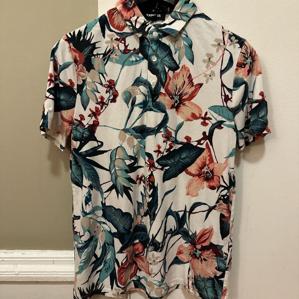 Express Red and Green Polo Shirt Tropical Floral